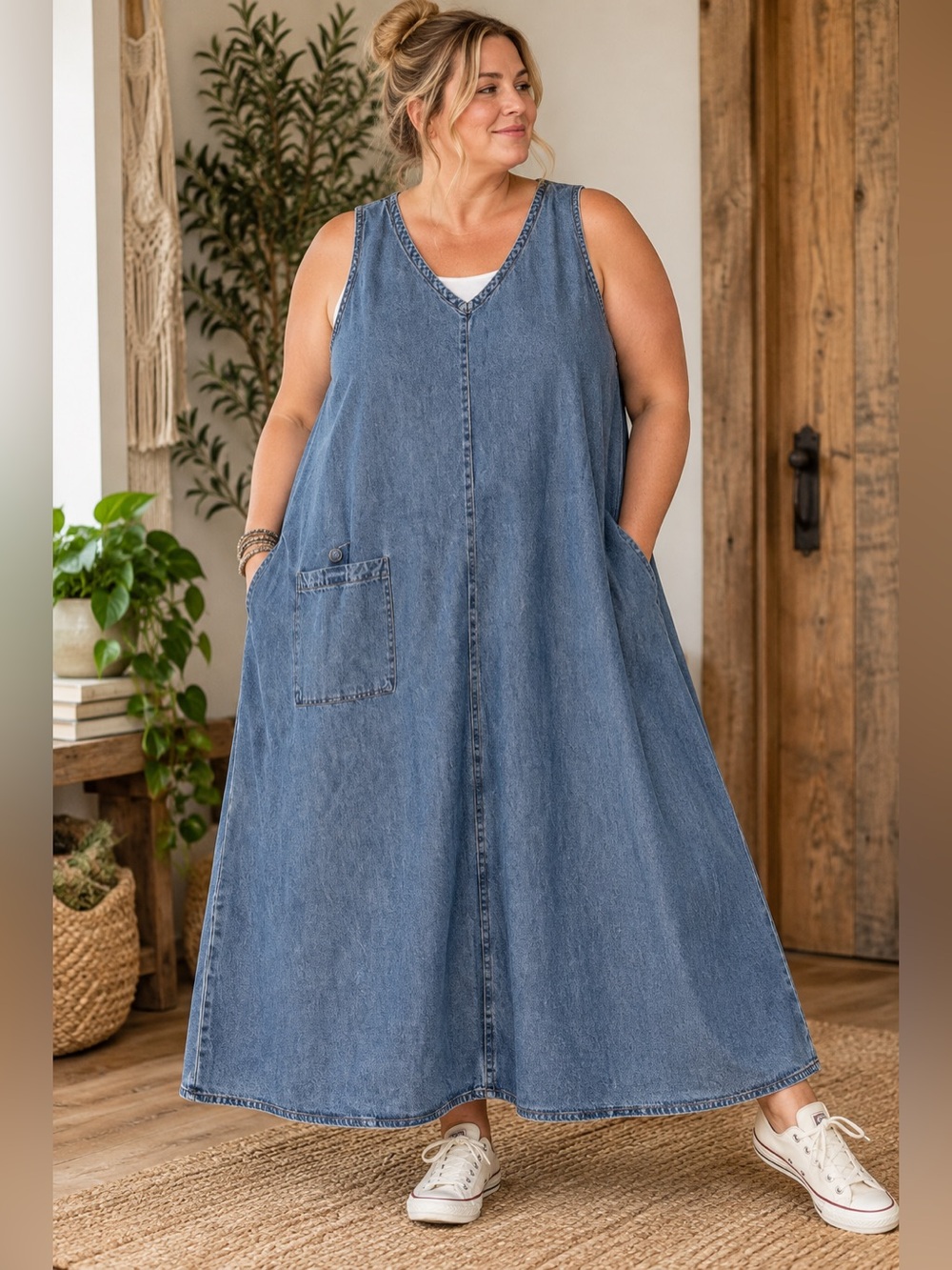 Ulla Popken Denim Jumper Dress Plus Size 24 26 A-Line Lagenlook Vintage